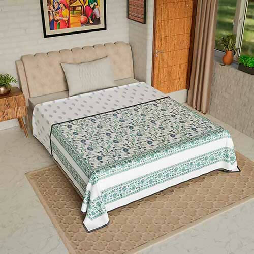 Blue Green Floral Single Bed Mulmul Dohar