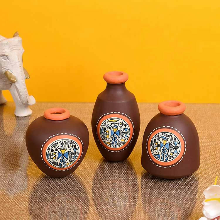 Vase Earthen Miniatures Brown Warli - Set of 3 - Decor & Living - 1