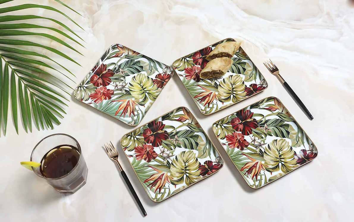 Square Tropical Paradise Print Metal Plates - Set of 4 - Dining & Kitchen - 1