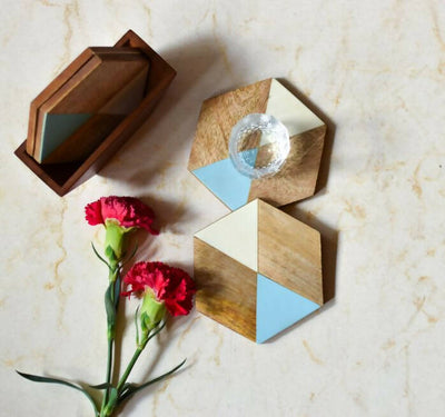 Wooden Coaster - Light Blue Hexagon - Dining & Kitchen - 1