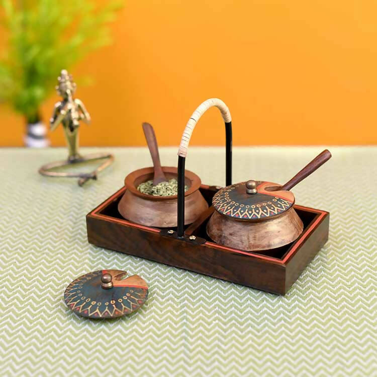 Wooden Handi Set with Stylish Metal Handle Tray - Dining & Kitchen - 1