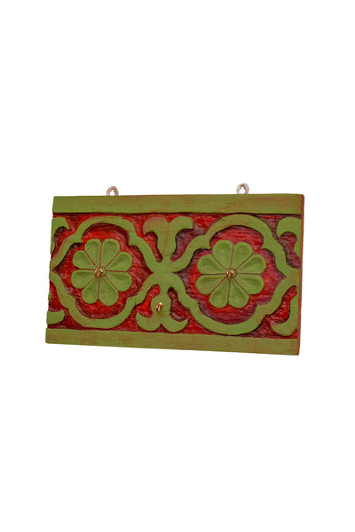 Vintage Red Floral Hand Painted Carved Reclaim Wood Key Holder - Wall Decor - 4