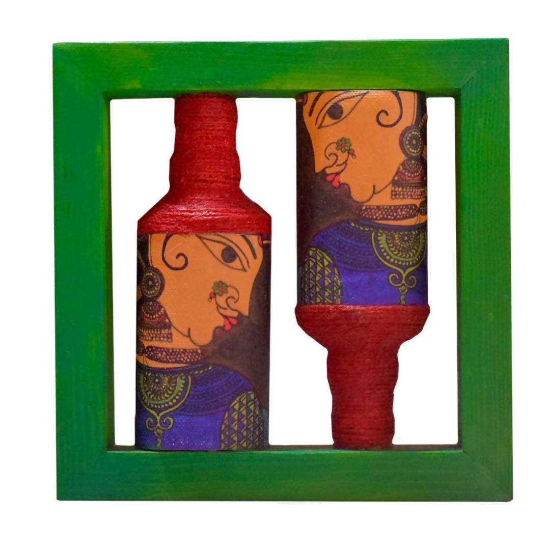 Vermillion Green Rectangle Handpainted Flip Flop Vintage Glass Bottle Wooden Frame with Pattachitra Art - Decor & Living - 2