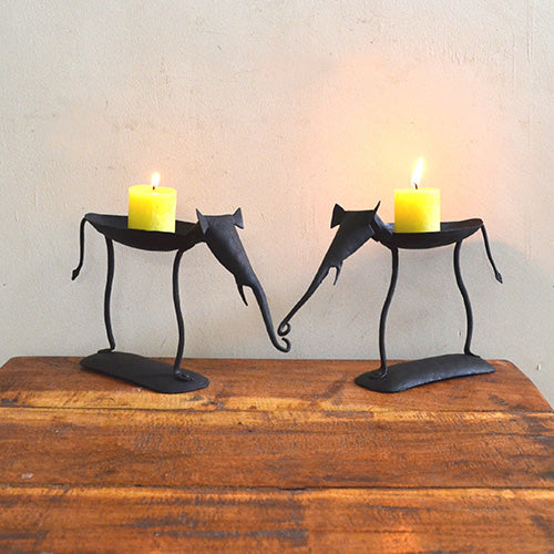 Wrought Iron Tribal Elephant Pair Candle Stand - Decor & Living - 2