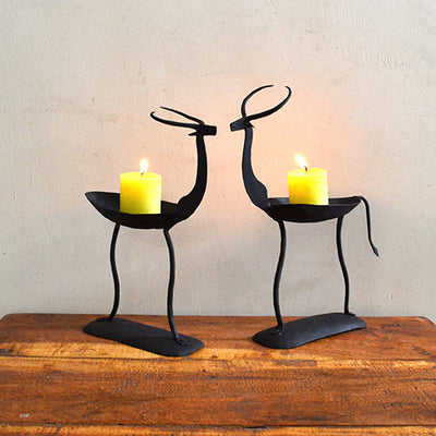 Wrought Iron Tribal Deer Pair Candle Stand - Decor & Living - 1