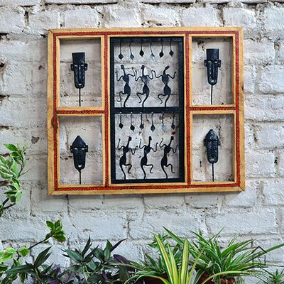 Wrought Iron Tribal Wooden Frame Mask and Jaali Wall Hanging - Wall Decor - 4