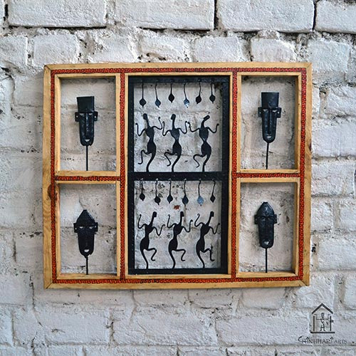 Wrought Iron Tribal Wooden Frame Mask and Jaali Wall Hanging - Wall Decor - 2
