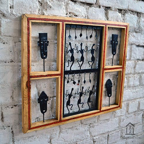 Wrought Iron Tribal Wooden Frame Mask and Jaali Wall Hanging - Wall Decor - 3