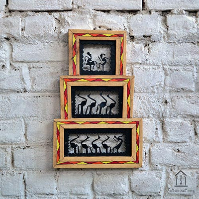Wrought Iron Tribal Wooden Frame 3 Box Jaali Wall Hanging - Wall Decor - 2