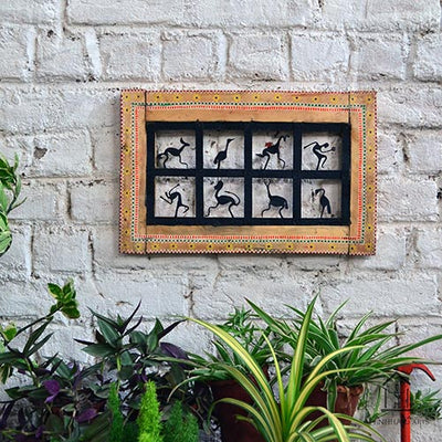 Wrought Iron Tribal Wooden Frame 8 Box Jaali Wall Hanging - Wall Decor - 6