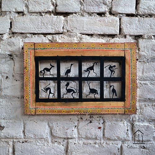Wrought Iron Tribal Wooden Frame 8 Box Jaali Wall Hanging - Wall Decor - 2