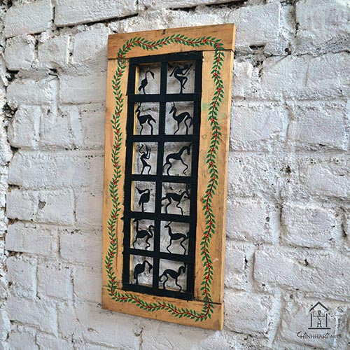 Wrought Iron Tribal Wooden Frame 12 Box Jaali Wall Hanging - Wall Decor - 5
