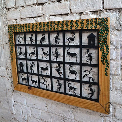 Wrought Iron Tribal Wooden Frame 24 Box Jaali - Wall Decor - 6
