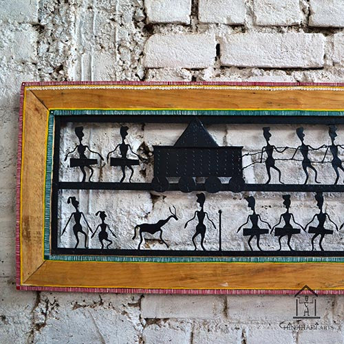 Wrought Iron Tribal Wooden Frame Baster Raath Yatra Jaali - Wall Decor - 3