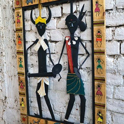 Wrought Iron Wooden Frame Madiya Mudiya Tribal Pair Jaali - Wall Decor - 4