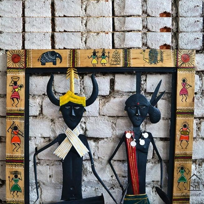 Wrought Iron Wooden Frame Madiya Mudiya Tribal Pair Jaali - Wall Decor - 3