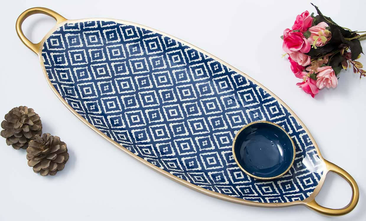 Blue Ikkat Aluminium Platter Shaped Platter with Dip Bowl - Dining & Kitchen - 1