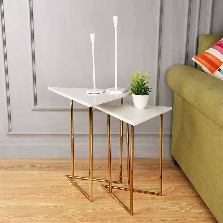 Marbled Steel Triangle Nesting Tables in Shiny Gold Nickel Finish 2pcs Set 61-494-49 & 44 -2