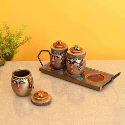Happy Tribals Storage Jars and Handcrafted Tray S04 - Dining & Kitchen - 1