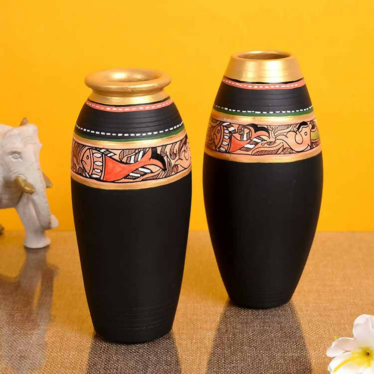 Vase Earthen Black Madhubani - Set of 2 (6.4x3/6x3") - Decor & Living - 1
