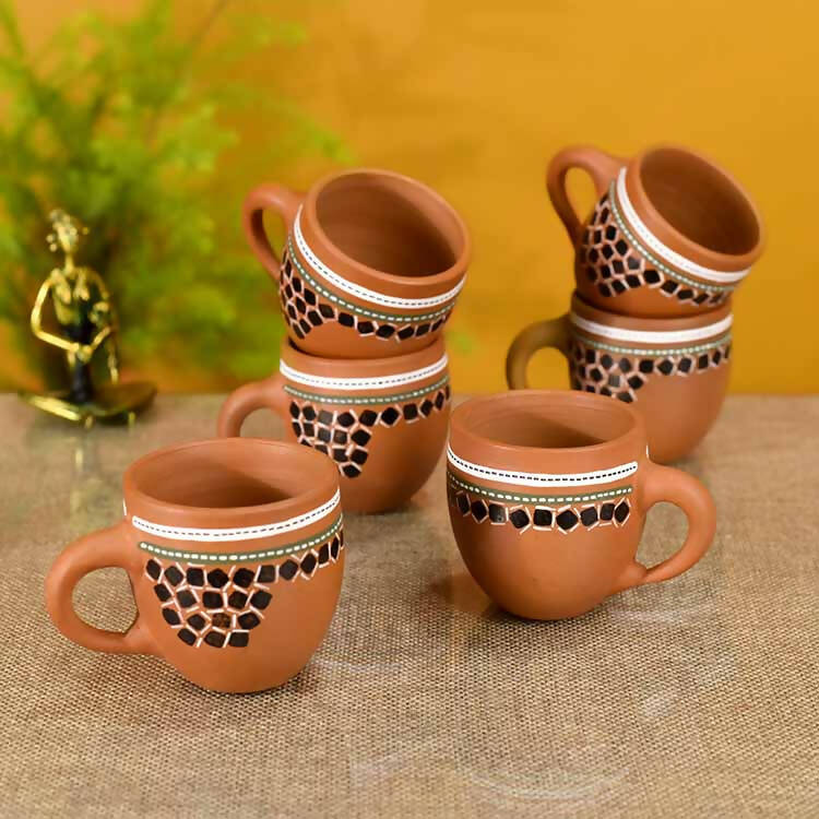 Knosh-L Earthen Cups with Tribal Motifs - Set of 6 - Dining & Kitchen - 1