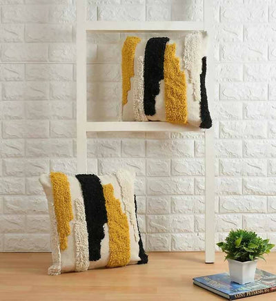 Abstract Designer Tufted Cushion Cover, Off White, Black, Yellow - Decor & Living - 4
