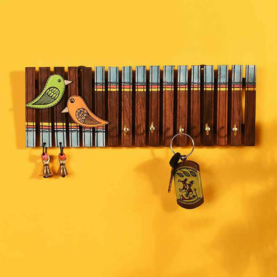 Key Holder Handcrafted Tribal Art Wooden Strips & Birds 4 Keys (12x1.4x5.4") - Wall Decor - 1