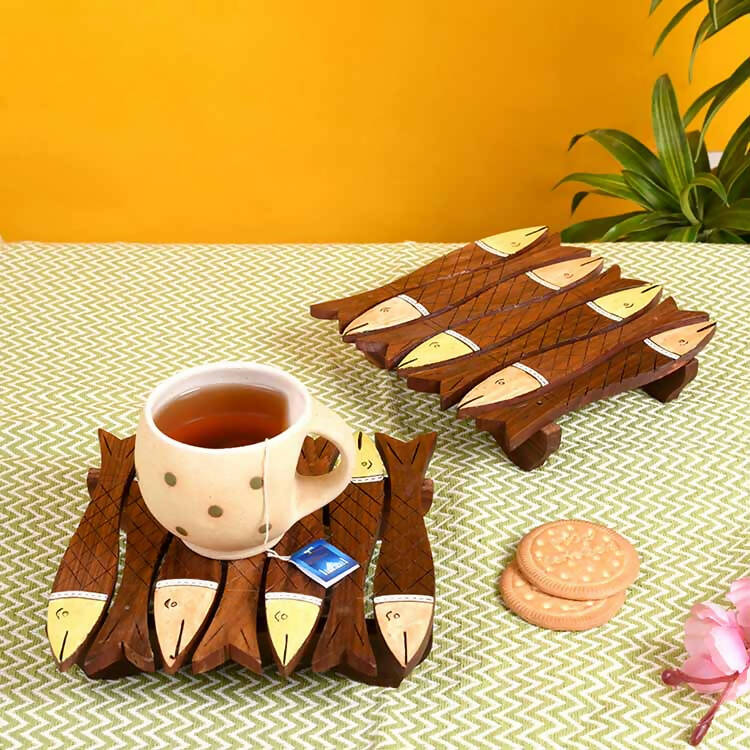 Coaster Wooden Handcrafted Fish Shape with Tribal Art - Set of 2 (6.6x6.6") - Dining & Kitchen - 1