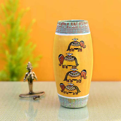 Happy Elephant Scratched Yellow Vase (4x4x9") - Decor & Living - 1