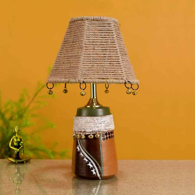 Hand Knitted Earthen Lamp with embellished Jute Shade (16x4.5") - Decor & Living - 1