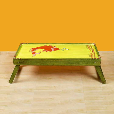 Madhubani Folding Breakfast Tray in Lime Green Hue (32x12x10) - Storage & Utilities - 1