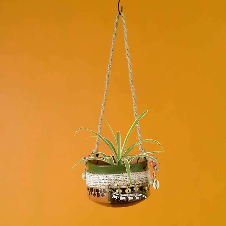 Jute Embellished Brown Hanging Earthen Planter - Decor & Living - 1