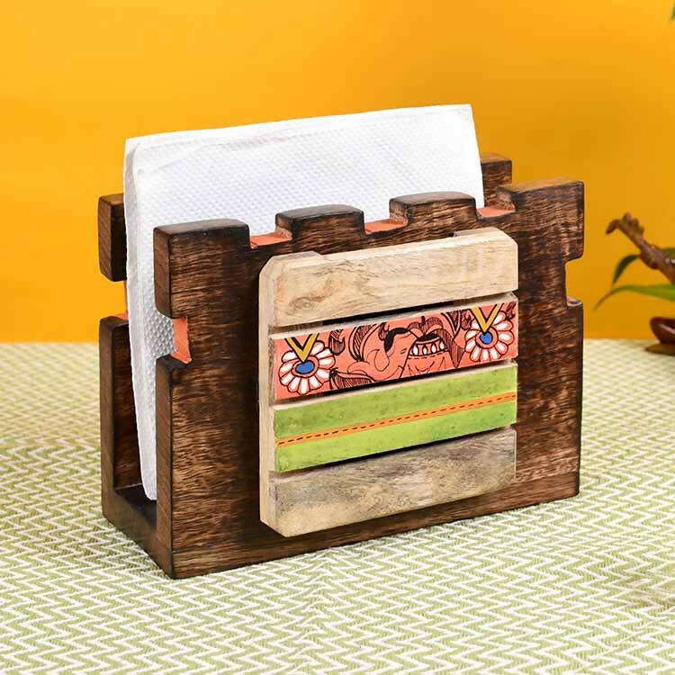 Tissue Holder Handcrafted in Wood with Tribal Art (7x3x5") - Dining & Kitchen - 1