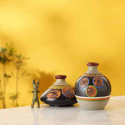 Black Earthen Vases with Madhubani Tattoo Art - Set of 2 - Decor & Living - 1