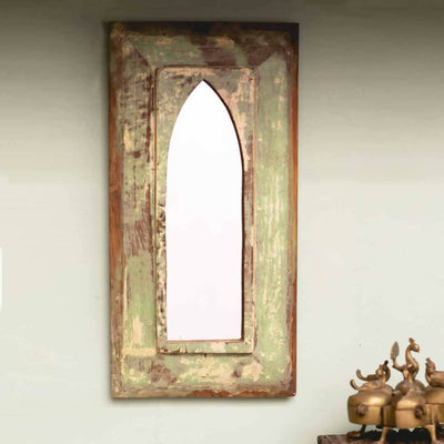 Handpainted Pista Beige Antique Mirror with Vintage Wooden Frame - Decor & Living - 1