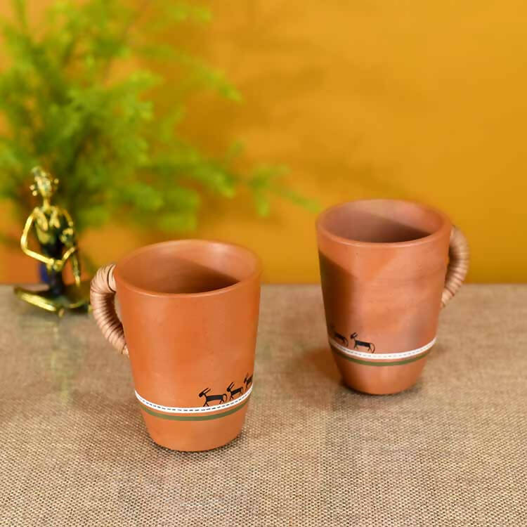 Knosh-5 Earthen Mugs with Caned Handle - Set of 2 - Dining & Kitchen - 1