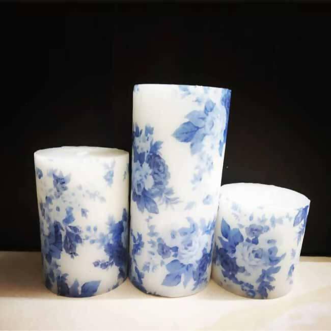 A Set of 3 Blue Floral Designer Scented Pillar Candles - Accessories - 1