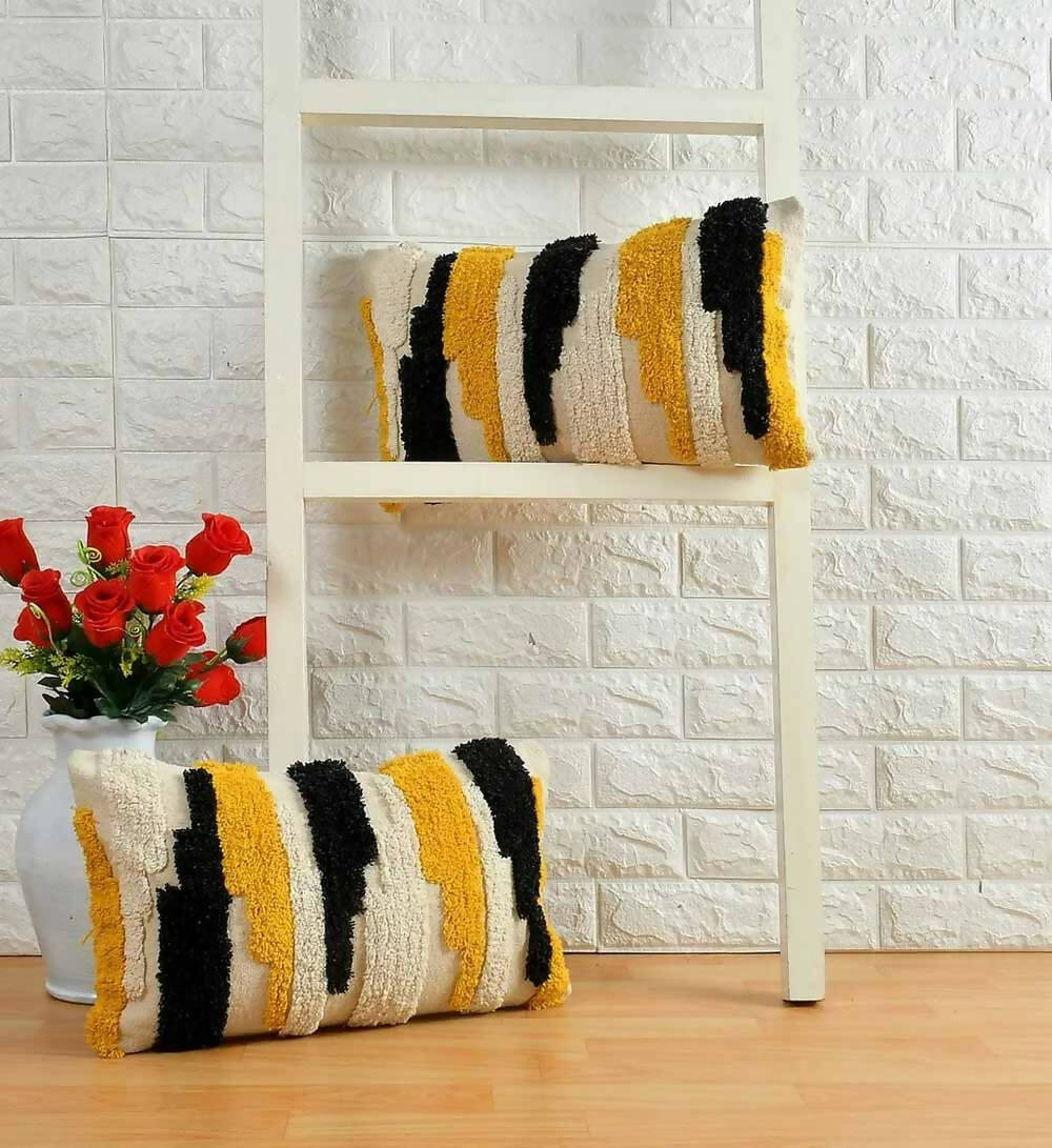 Abstract Designer Tufted Cushion Cover, Off White, Black, Yellow - Decor & Living - 6
