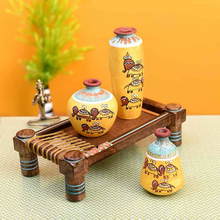 Happy Elephant Yellow Vases (Set of 3) Placed on Ethnic Charpai Stand (12.5x7x10") - Decor & Living - 1