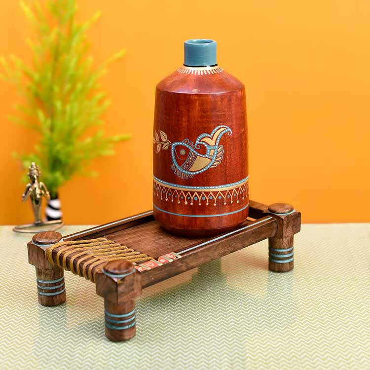 Rustic Red Madhubani Vase Placed on Ethnic Charpai Stand (12.5x7x12.5") - Decor & Living - 1
