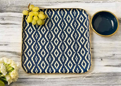 Blue Ikat Square Platter with Aluminium Bowl - Dining & Kitchen - 1