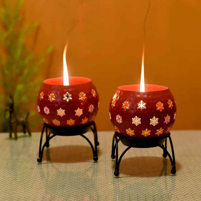 Red Polka Tealights with Metal Stands - Set of 2 - Decor & Living - 1