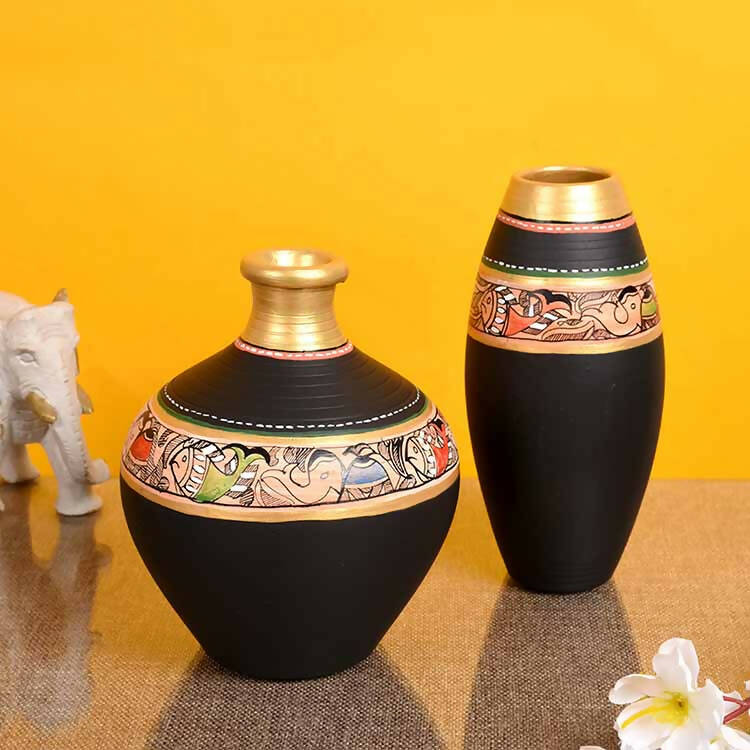 Vase Earthen Black Madhubani - Set of 2 (6x5/6x3") - Decor & Living - 1