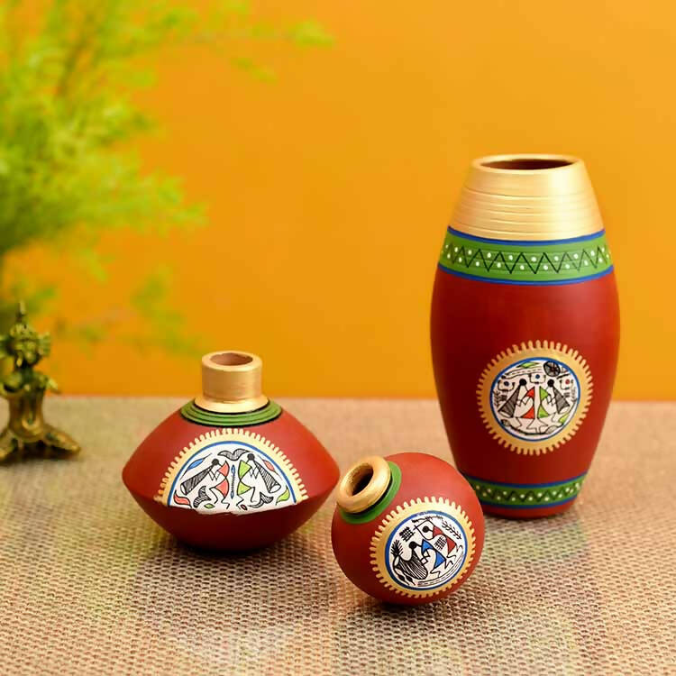 Rustic Warli Vases - Set of 3 in Red - Decor & Living - 1