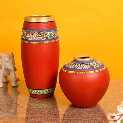 Vase Earthen Red Madhubani - Set of 2 (9x4/5x5") - Decor & Living - 1
