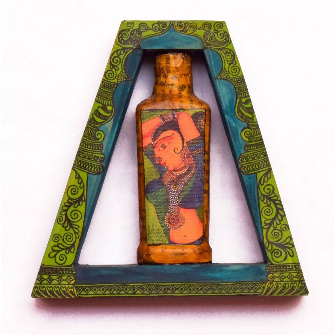 Triangle Handpainted Flip Flop Vintage Glass Bottle Wooden Frame with Pattachitra Art - Decor & Living - 2
