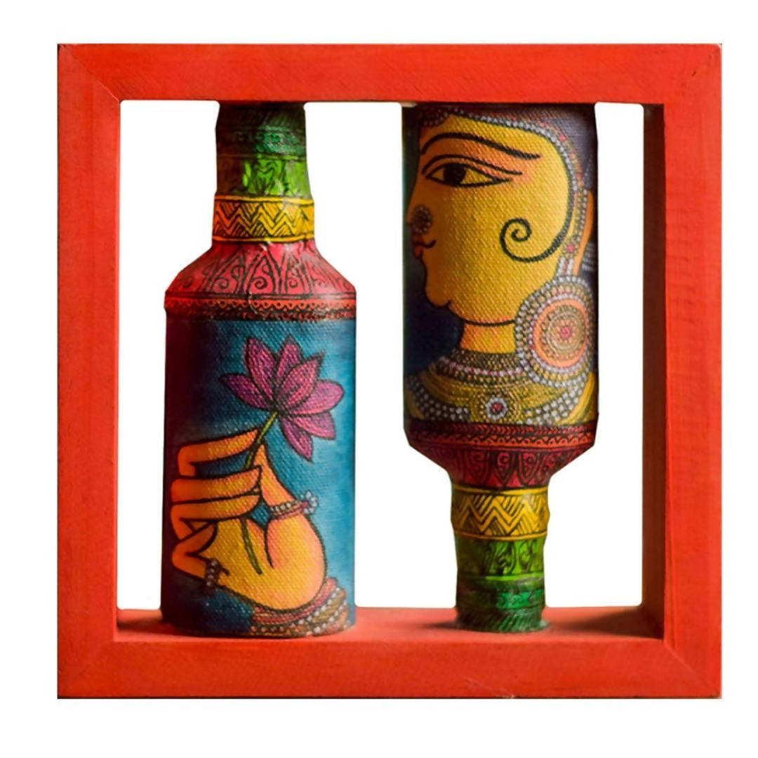 Rectangle Handpainted Flip Flop Vintage Glass Bottle Wooden Frame with Cherial Art - Decor & Living - 2