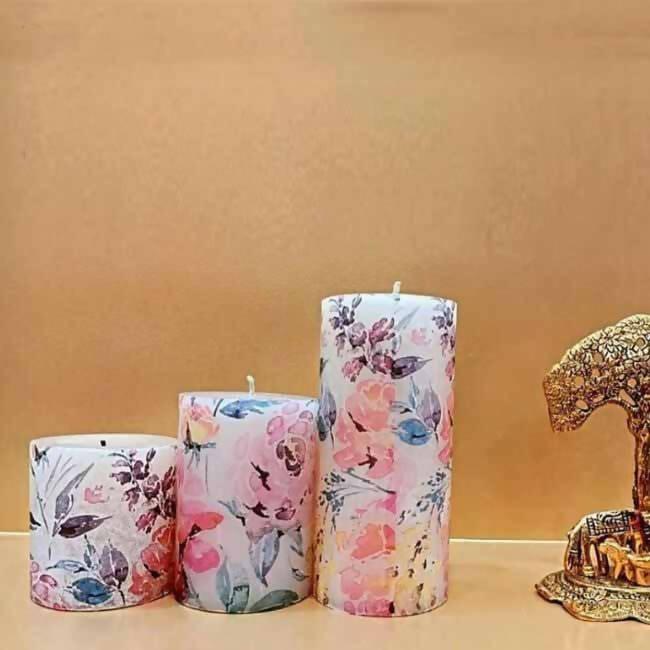 A Set of 3 Floral Designer Scented Pillar Candles - Accessories - 1