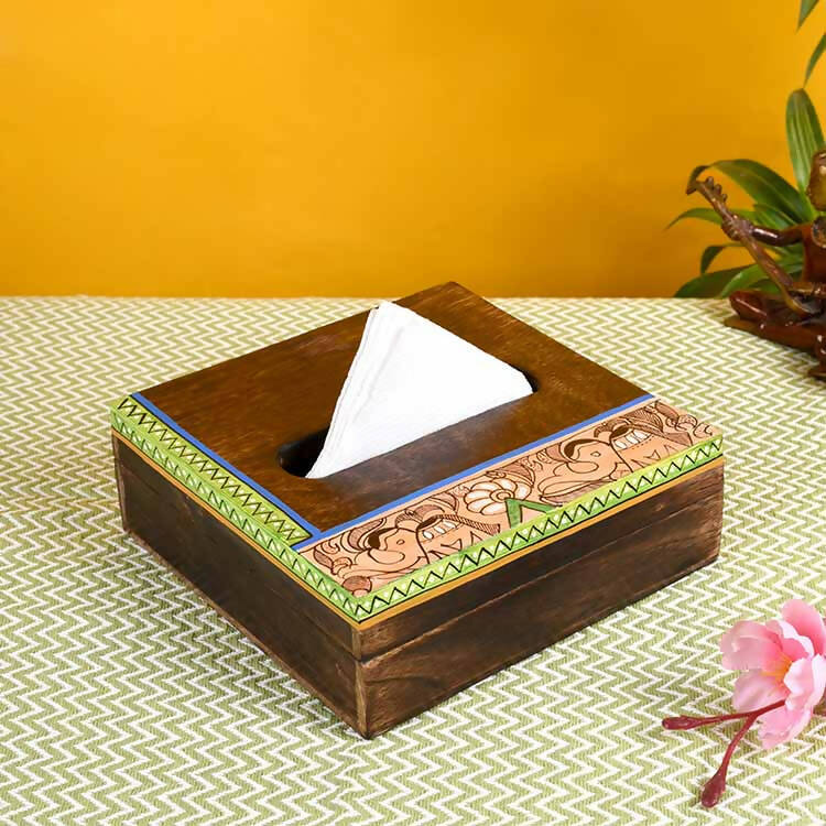 Tissue Box Handcrafted in Wood with Madhubani Painting (7x7x2.5") - Dining & Kitchen - 1
