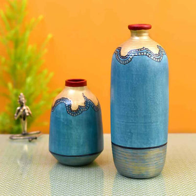 Turquoise Blue Golden Glaze Vase - Set of 2 (10.5x4/6.5x4") - Decor & Living - 1